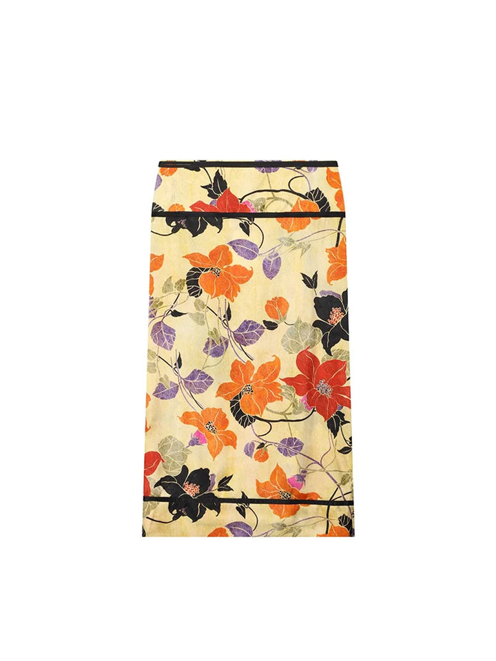 Elegant Satin Print Midi Skirt For Women High Waist Split Straight Skirt 2026 Summer New Chic Slim Fit Leisure Female Streetwear