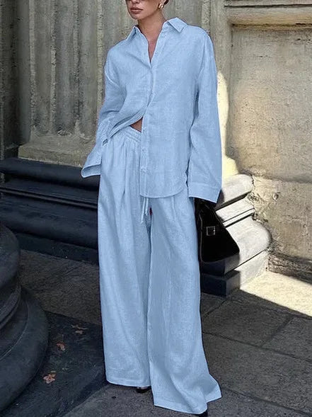 Women Pink Linen Two Piece Set Oversized Long Sleeve Shirt Elastic Waist Wide Leg Pants Casual Outfit