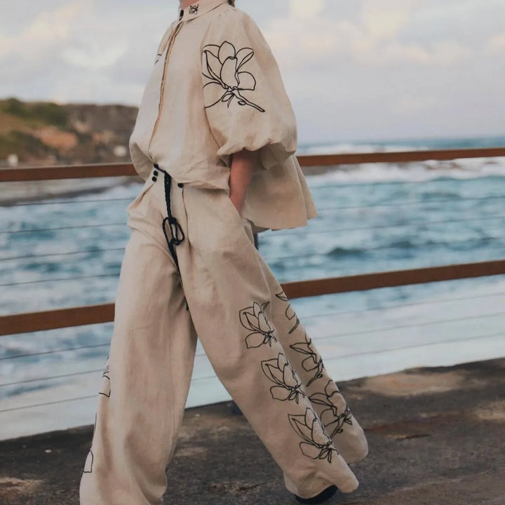 Cotton Linen Women Elegant Two Piece Set Loose Long Sleeve Printed Shirt and High Waist Wide Leg Pants Set Casual Womens Outfits