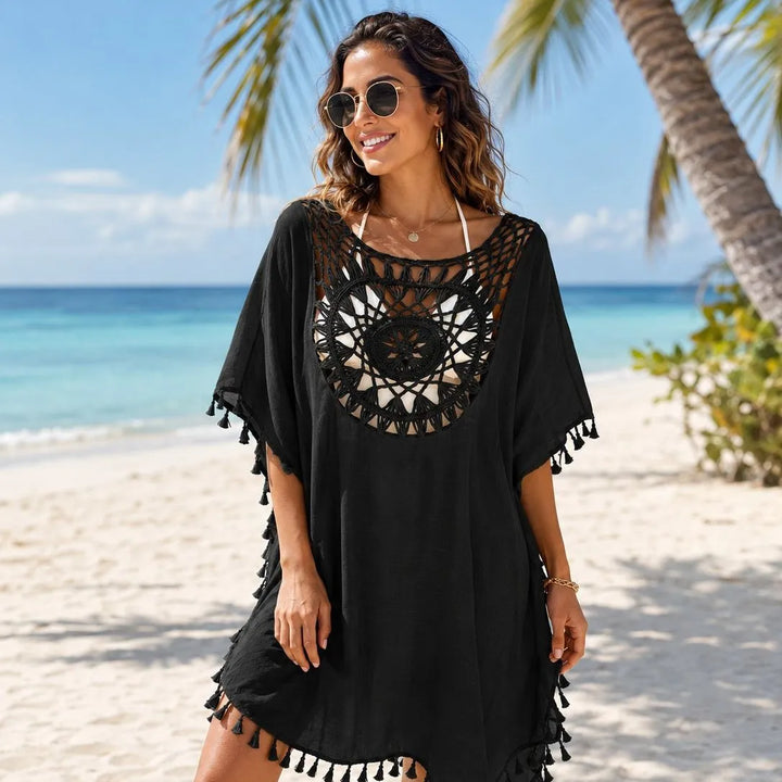 Women Crochet Tassel Beach Cover Up Hollow Out Batwing Sleeve Swim Cover Dress Boho Bikini Swimsuit Cover Up for Vacation