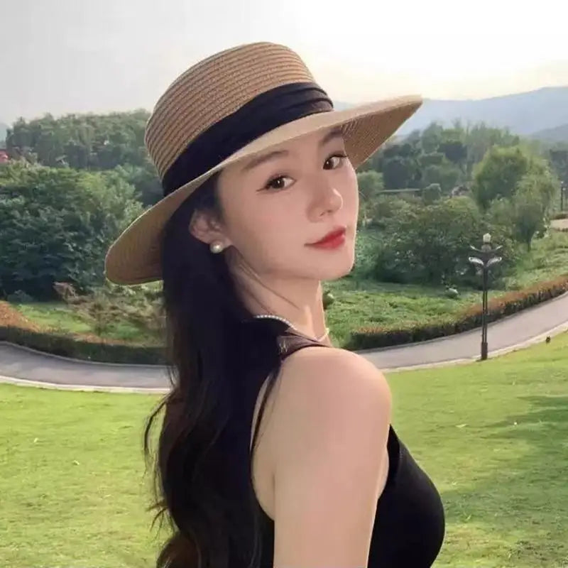 Straw Hat Women French Style Flat Top Wide Brim Sun Protective Hat Summer Beach Vacation Travel FashionHot