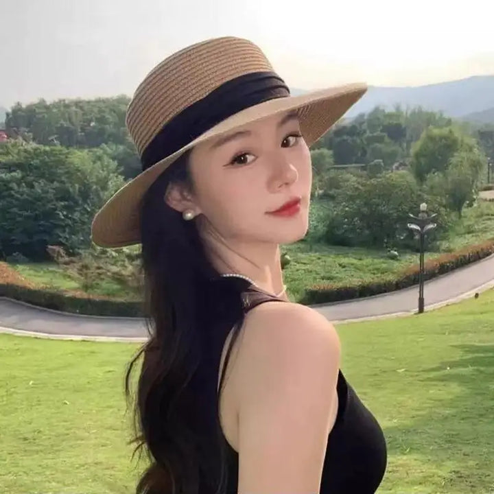 Straw Hat Women French Style Flat Top Wide Brim Sun Protective Hat Summer Beach Vacation Travel FashionHot