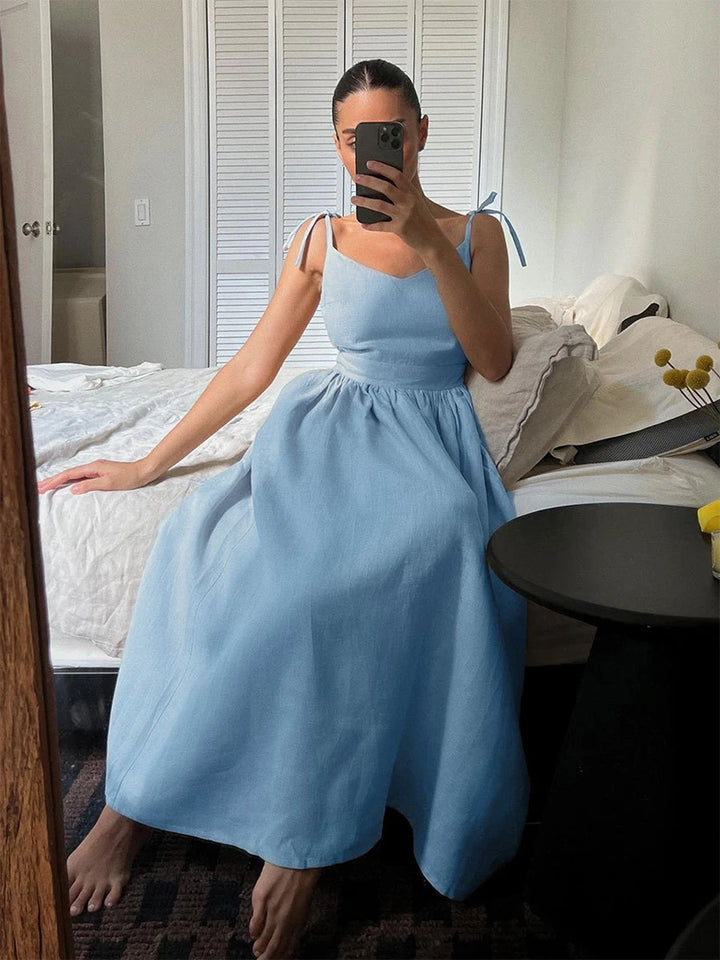 WXOY Cotton Backless Maxi Dress French Style Spaghetti Strap Solid Color Elegant Holiday Sleeveless Sundress Vacation Outfit