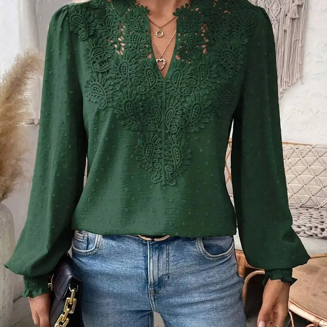 2026 New V-Neck Lace Splicing Long Sleeve Casual Shirt Women&