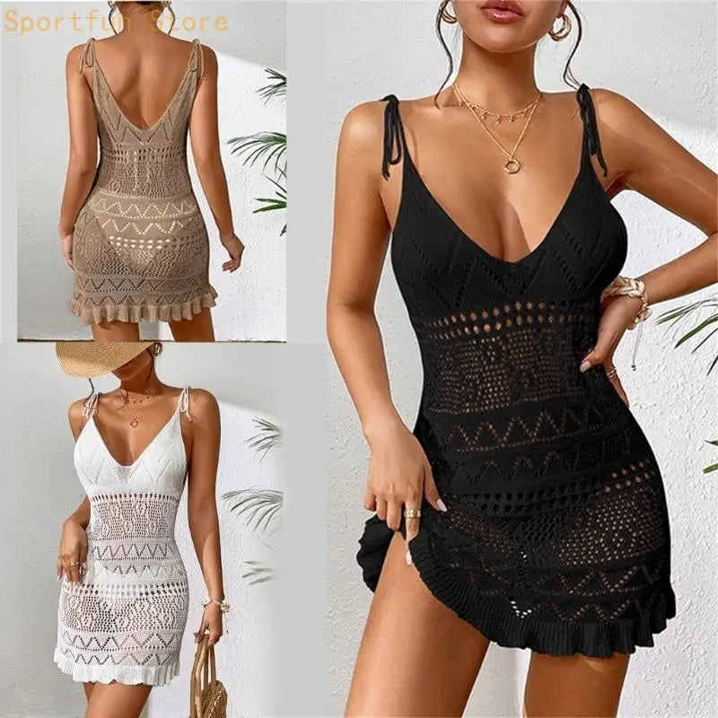 Womens Bathing Suit Cover Up Hollow out Beach-Dress Crochet Swimsuits Cover Up X7JD