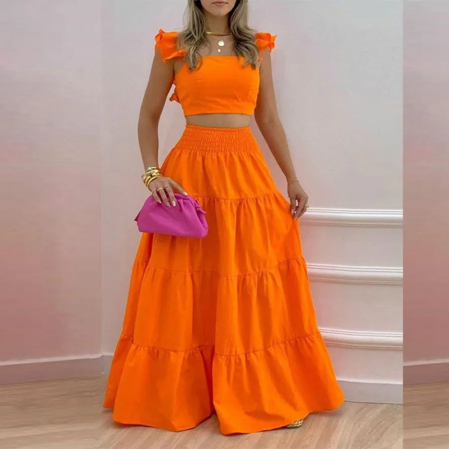 Two Piece Skirt Sets Women Print Dot Ruffles A Line Long Skirts High Waist Casual Half Sleeve Tops Suits Elegant Lady 2024