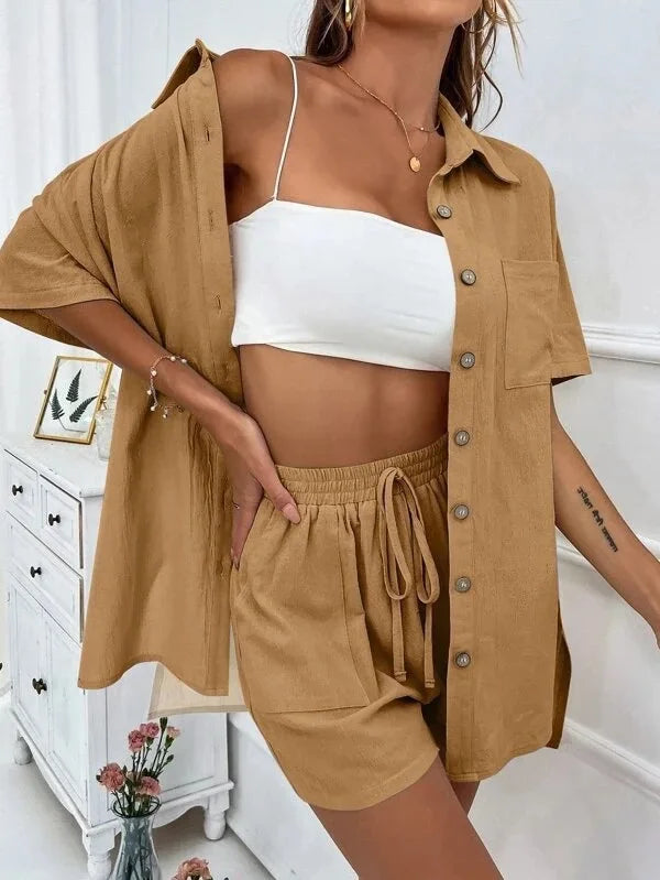 Fashion Women Shirt + Shorts Two Piece Set Solid Color Shirt Suit 2025 New Casual Loose Short Sleeve Single Breasted Women&