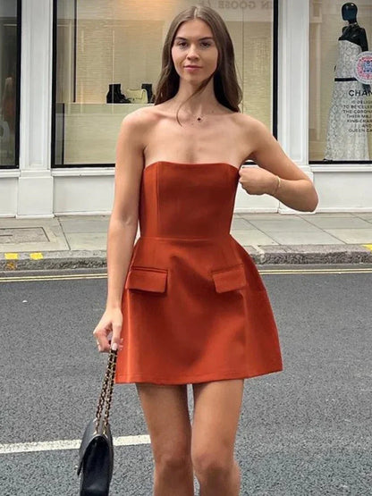 Fashion Patchwork Bandeau Mini Dress For Women Sleeveless High Waist Slim Elegant Backless Dress Casual Solid Dress 2024