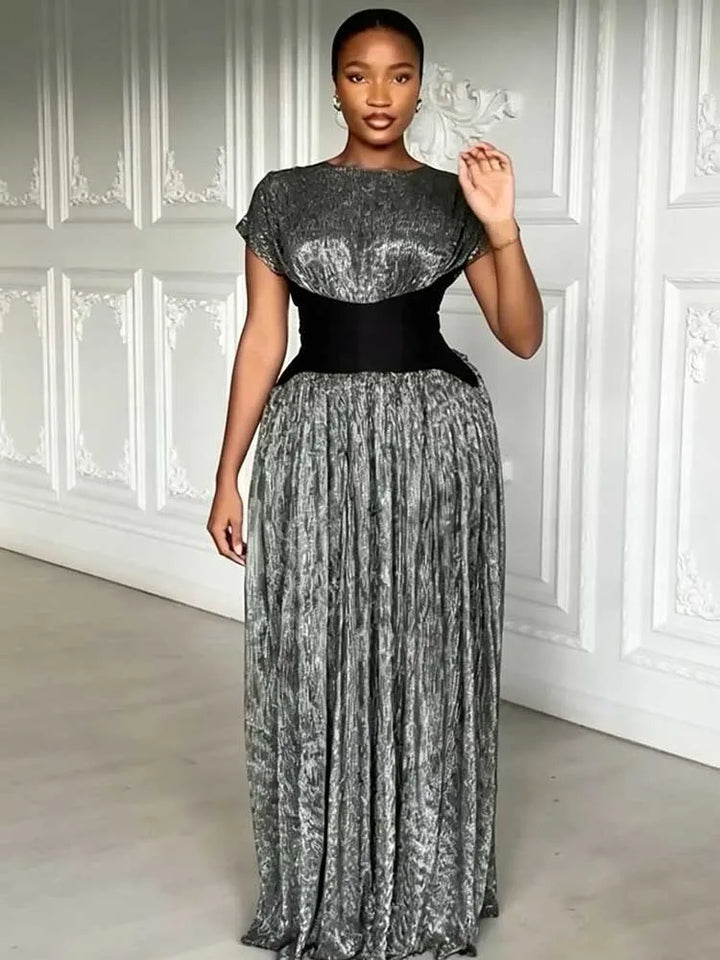 Black Dresses Woman Elegant Short Sleeve Curvy Evening Dress for Party Vintage Chic Long Pleated Dress