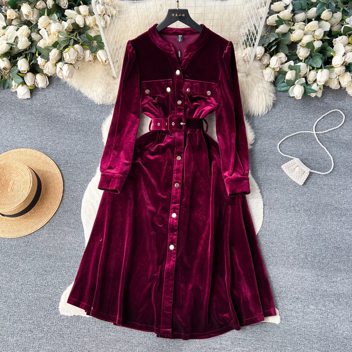 Autumn Vintage Solid Velvet Dress for Women Winter V-neck Long Sleeve Belts Slim A-line Midi Dress Robes Femme
