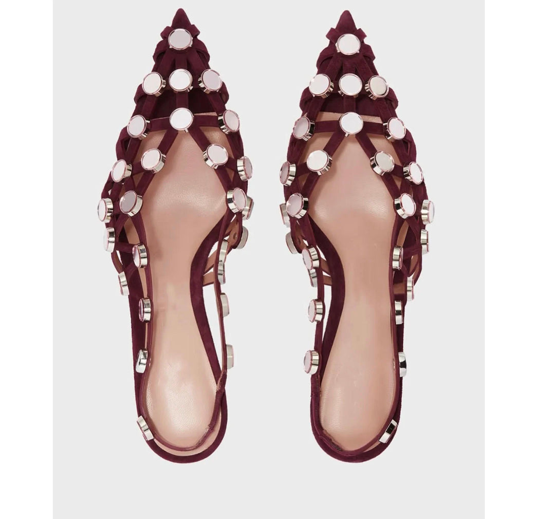 Summer Women Burgundy Suede Cutout Kitten Heel Slingback Sandals Metal Disc Decoration Pointed Toe Elegant Evening Party Pumps