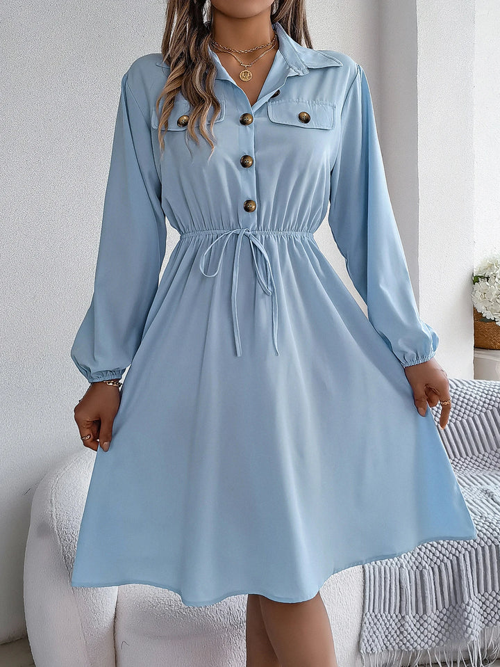 Autumn Winter Dresses for Women Casual Solid Color Button Tie Up Long Sleeved Shirt Dress Blue Green Black Red Woman Clothing