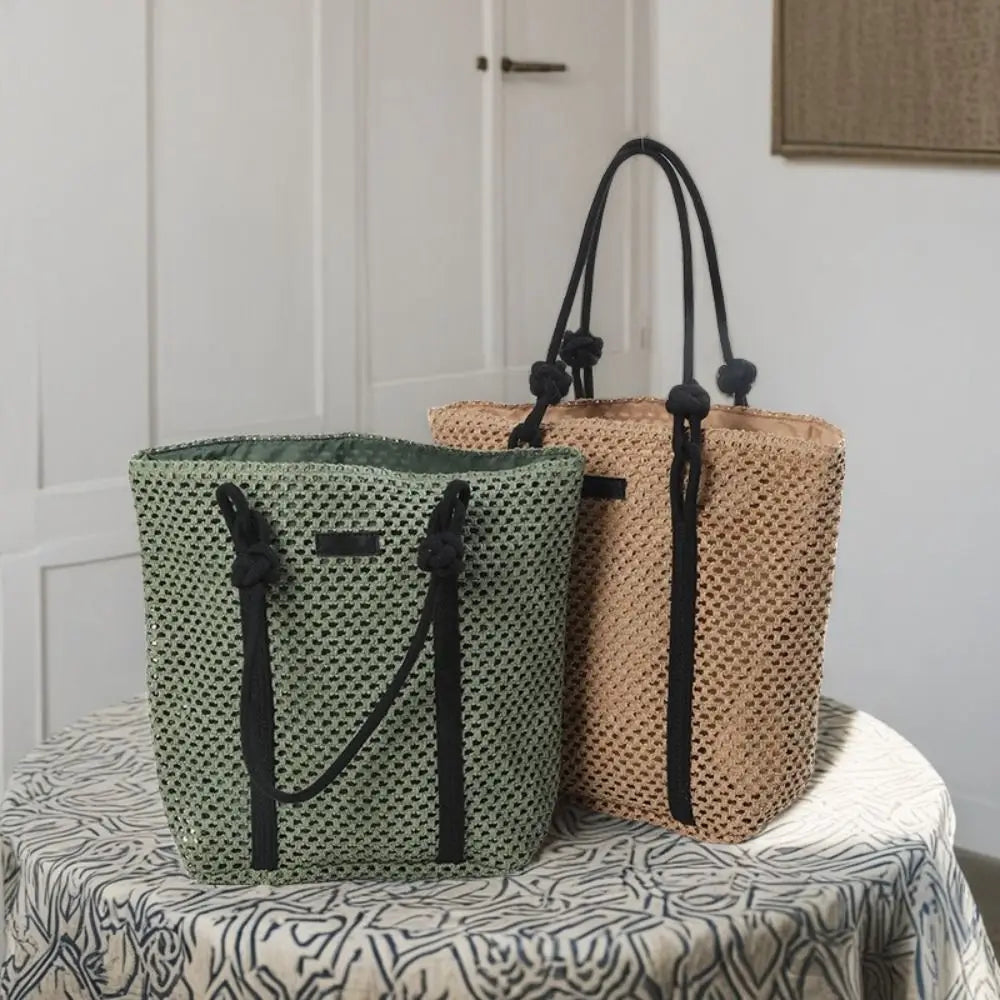 Handmade Straw Woven Bags Large Capacity Zipper Closure Beach Handbags Top-Handle Solid Color Women&