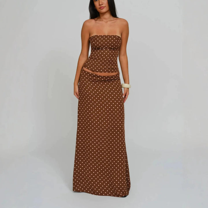 Elegant Strapless Tube Top and Maxi Skirt Two Piece Set Women Crop Top Tie Front Long Skirt Matching Sets Evening Party Vocation