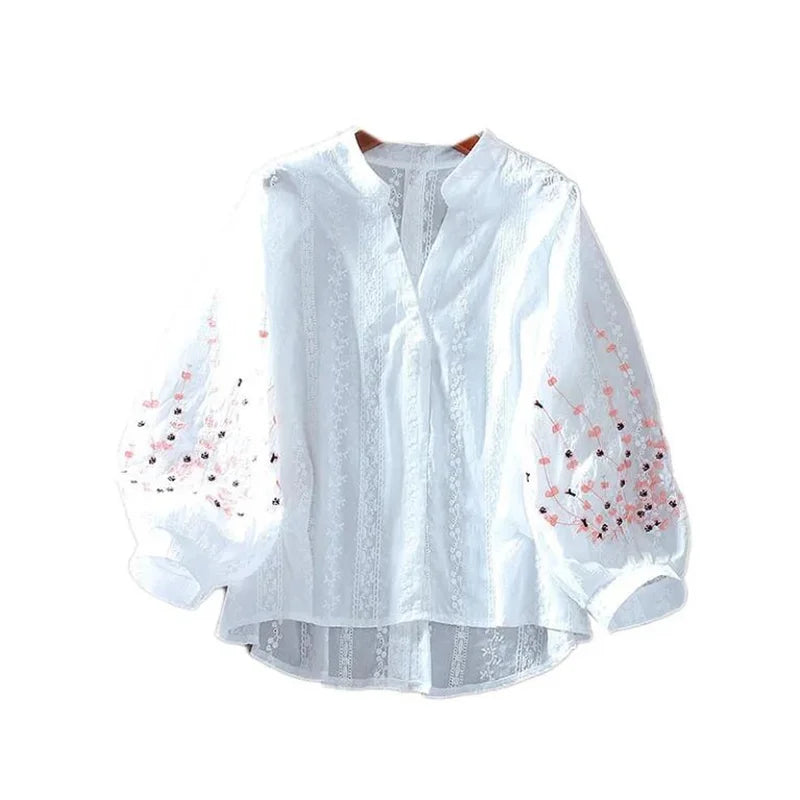 V-Neck Embroider Blouses For Women Shirt Lace Lantern Sleeves Cotton Bluasa LooseTop Casual Versatile Summer Thin Feminine Blous