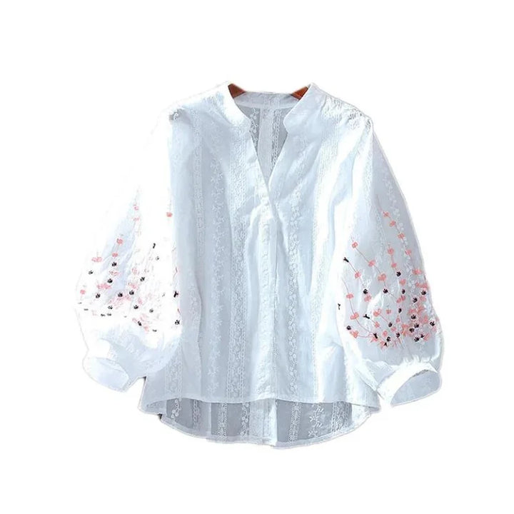 V-Neck Embroider Blouses For Women Shirt Lace Lantern Sleeves Cotton Bluasa LooseTop Casual Versatile Summer Thin Feminine Blous