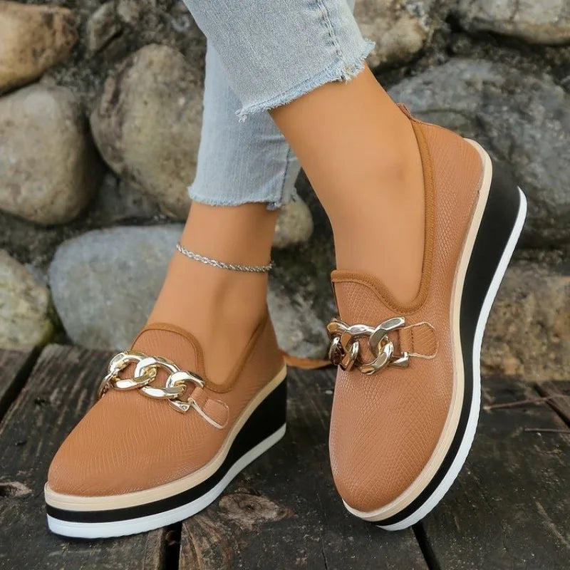 Womens Platform Loafers Wedge Shoe Gold Chain Decoration Round Toe Slip on Comfortable Walking Fashion Professional Office Style