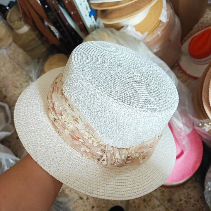 1pcs Luxury Elegant Women Summer Straw Hat Flat Top Boater Cap Folds Hand Weave Wide Brim Sun Hat Panama Fedora Шляпа