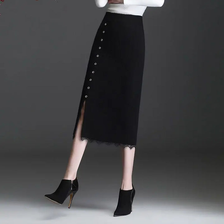 Women Knit Midi Skirt Button Decor Front Slit Lace Hem High Waist Straight Mid Length Skirt