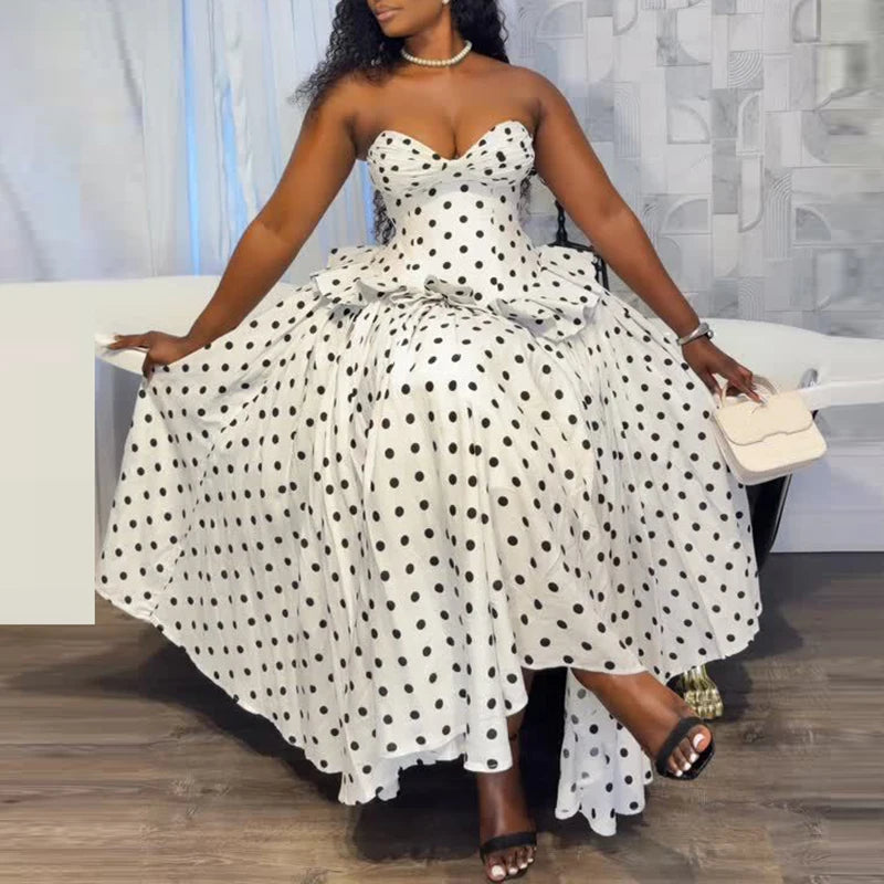Fashion Hight Waist Summer Maxi Dress Vintage Polka Dot Ruffle Trim Long Dress  Women Sexy Sleeveless Lace Up Swing Party Dress