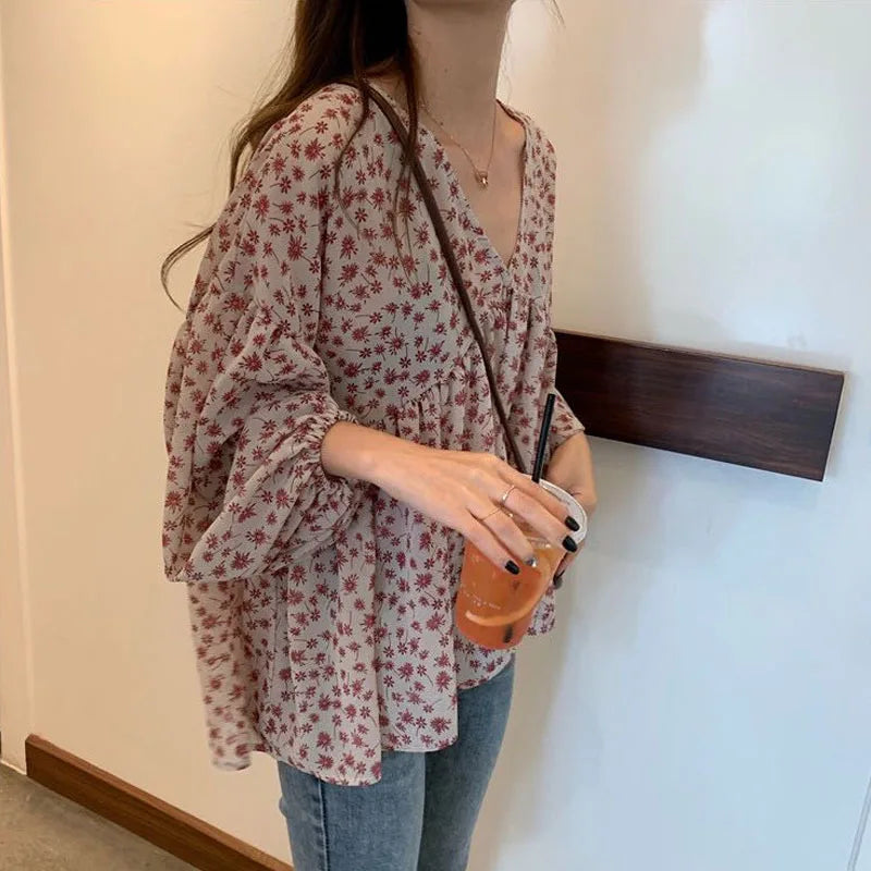 V-neck Chiffon Shirt Women Sweet Tops Blouse 2025 Spring Korean Floral Print Long Sleeve Casual Loose Slim Lady Clothes New 9307