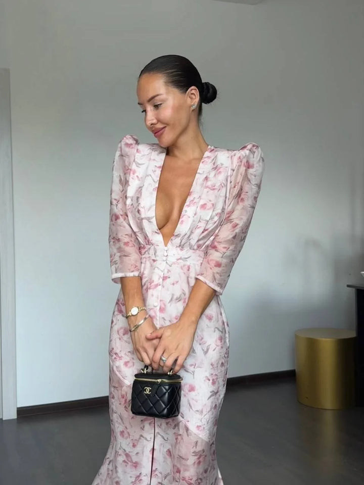 Fashion Floral Printed Maxi Dress Chic Deep V Neck Puff Sleeve Peplum Slit Dresses 2026 Summer Wedding Cocktail Party Women Gown
