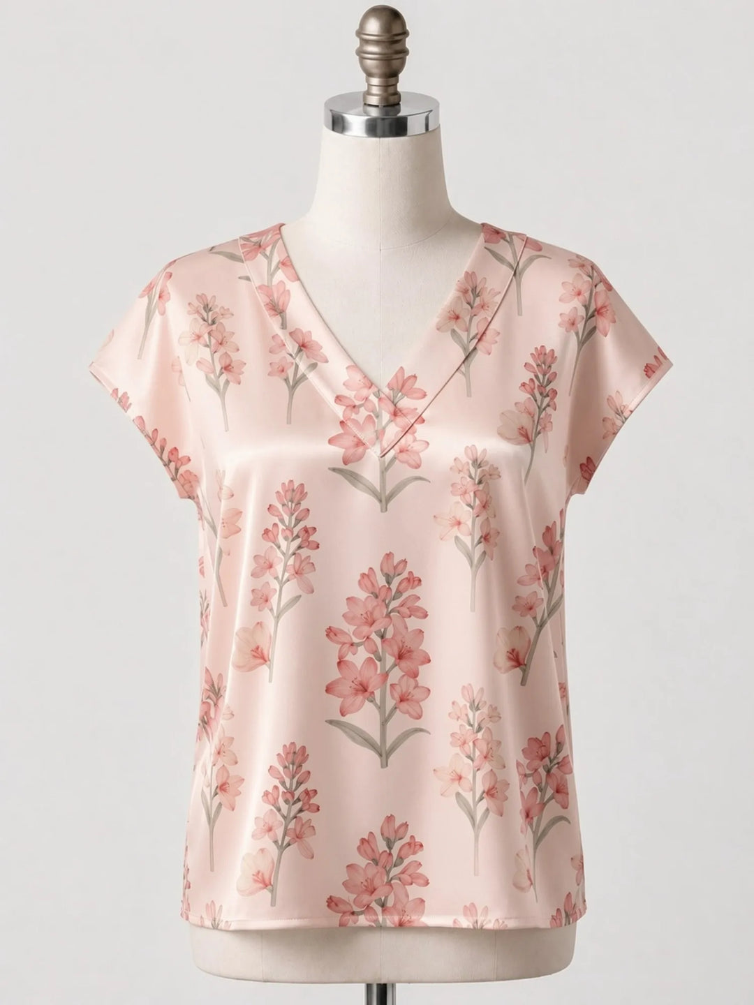 Floral Satin V Neck Top for Women Cap Sleeve Easy Draped Fit Silky Casual Summer Resort Wear Lightweight Breathable Weekend Glam