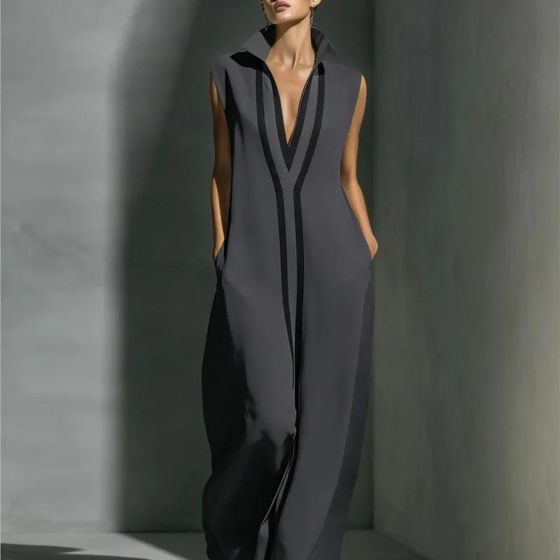 Fashion Colourblock Maxi Dress Women Casual V-neck Sleeveless Loose Dresses Summer Elegant Party Beach Dress Street Vestidos