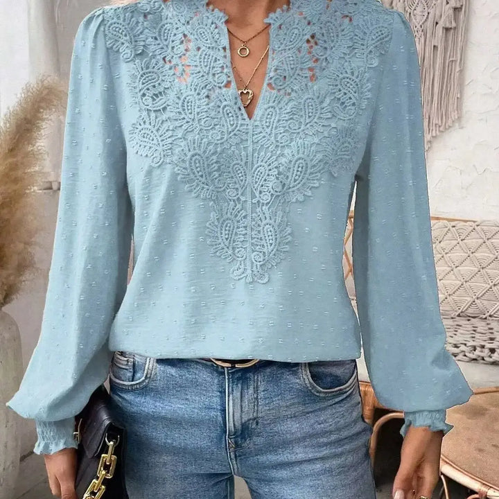 2026 New V-Neck Lace Splicing Long Sleeve Casual Shirt Women&
