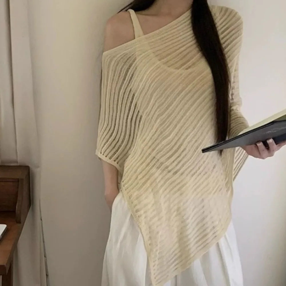 Stripe Patchwork Crochet Hollow Top Transparent Thin Sunscreen Cover Up Loose Irregular Beach Cloak Summer