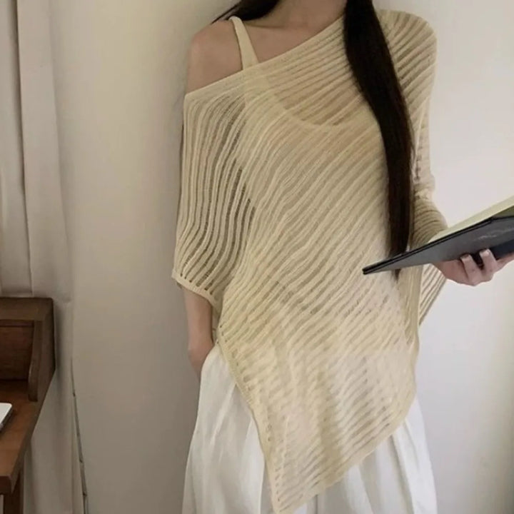 Stripe Patchwork Crochet Hollow Top Transparent Thin Sunscreen Cover Up Loose Irregular Beach Cloak Summer