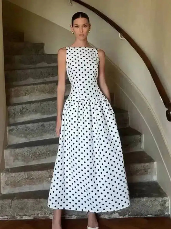 Polka Dot Maxi Dresses Women Elegant Square Neck Lotus Hem Long Gowns Chic Lady Sleeveless High Waist Cinched Summer Robes P3EP