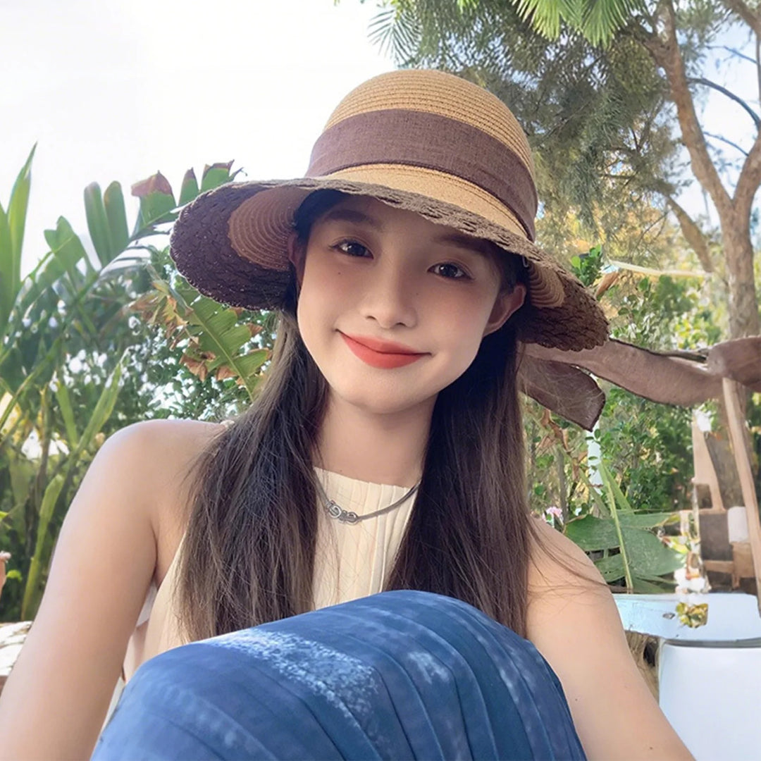 Women Wide Brim Straw Hat Lace Edge Design Beach Caps with Bowknot for Outdoor Sports Hiking Travel