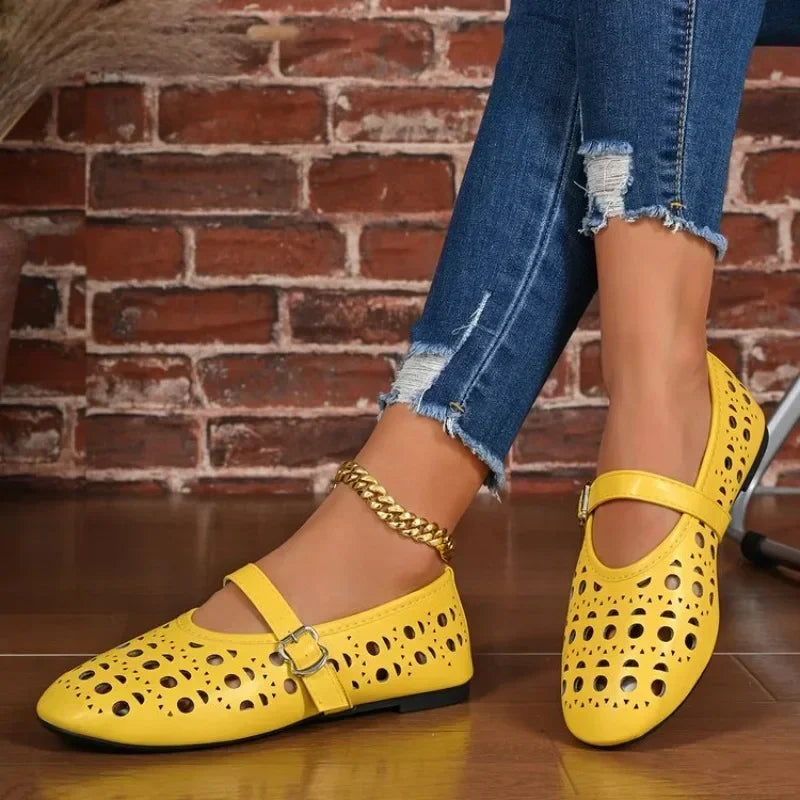 Women Hollow Out Mary Jane Flats Summer Breathable Flat Shoes Buckle Strap Soft Non Slip Sole Daily Walking Ladies Casual Shoes