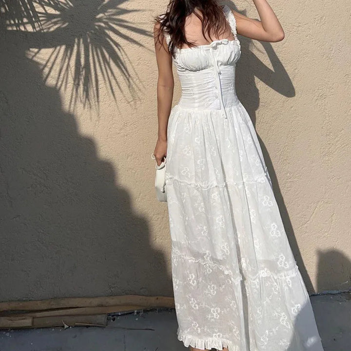 White Square Collar Maxi Dress for Women Fashion Ruffles Lace-Up High Waisted Long Dresses Summer Holiday Suspender Beach Dress