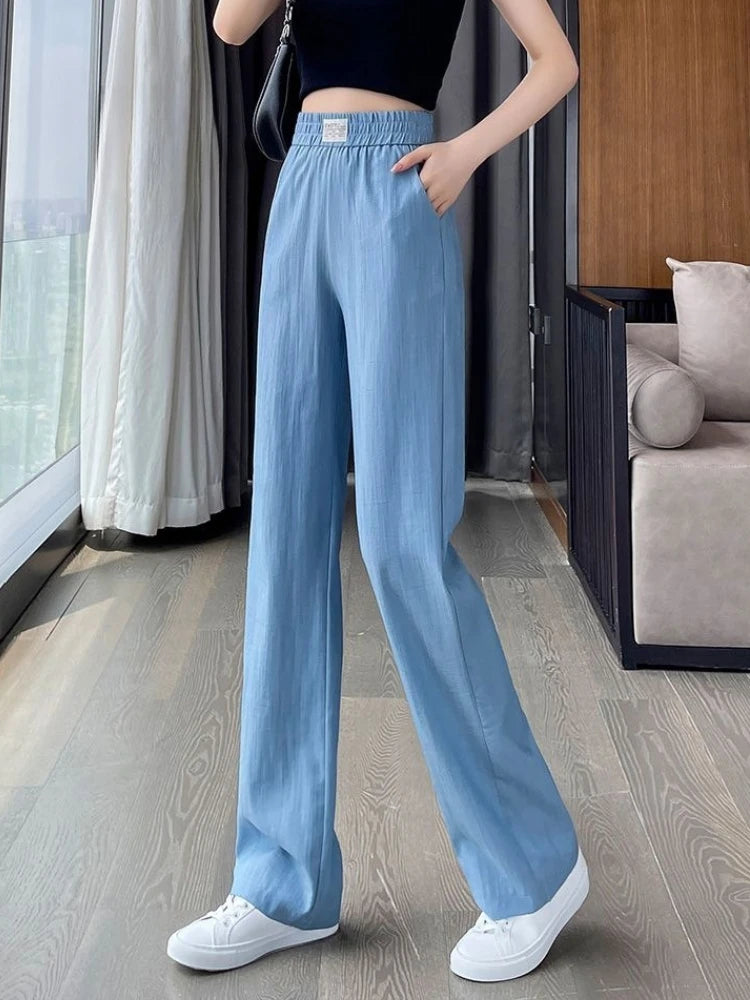 High Waist Denim Wide Leg Pants Women Summer Thin High Waist Drapey Casual Ice Silk Cool Pants Lightweight Breathable Trousers