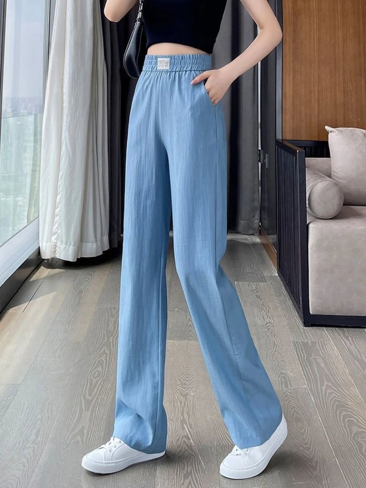 High Waist Denim Wide Leg Pants Women Summer Thin High Waist Drapey Casual Ice Silk Cool Pants Lightweight Breathable Trousers