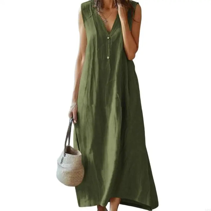 Y3NE Womens Cotton Linen Dress Casual V-Neck Sleeveless Spring Maxi Dresses Beach Dresses Vacation Outfits