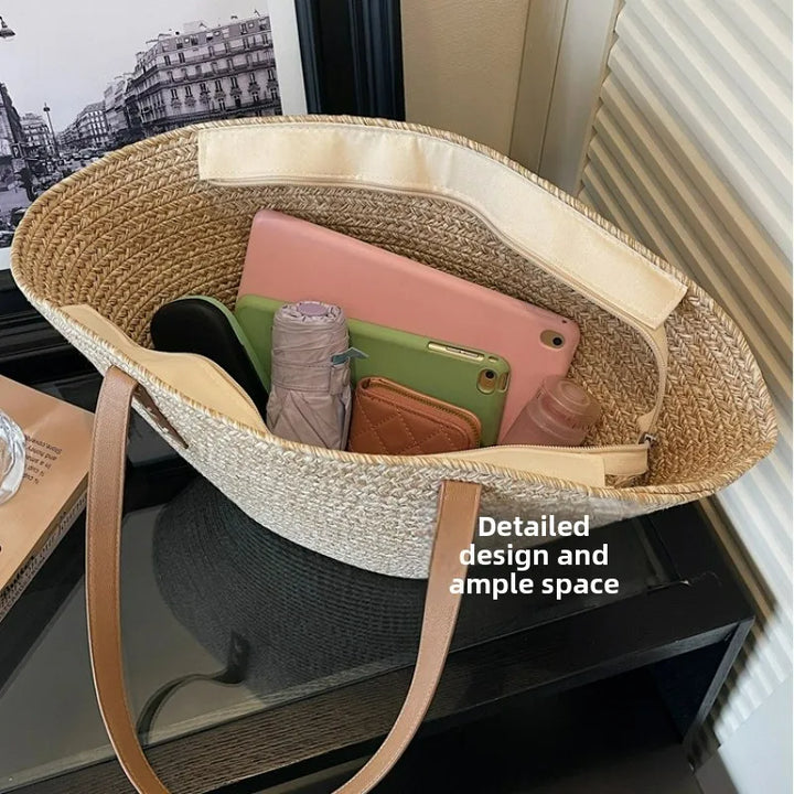 New Summer Fashion Women Top-Handle Bags Large Capacity Straw Shoulder Bag for Beach Vacation Versatile Commuting Beach Bag