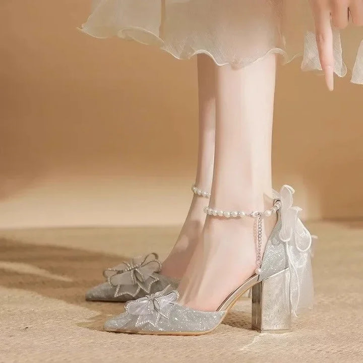 High Heels 2025 New Pearl Bow Silver Hollow Sandals Graduation Wedding Dress Big Size Bride Shoes