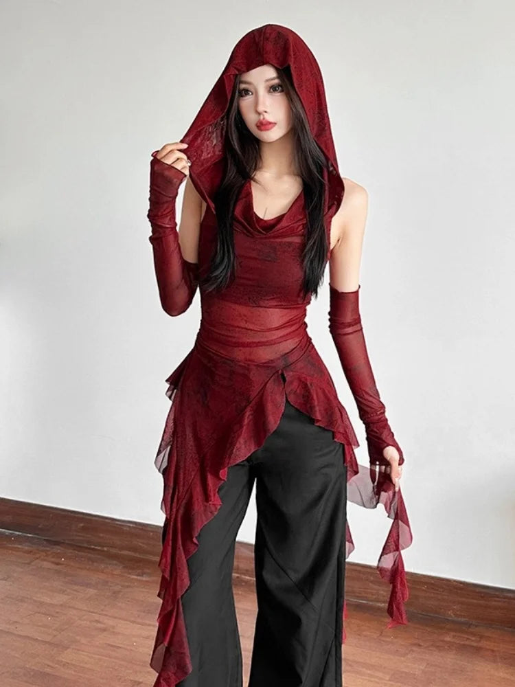 Hooded T Shirts For Women Streetwear See Through Mesh Y2k Tops Sleeve Cover Grunge Clothes Ruffles Ropa Mujer Gothic Camisetas