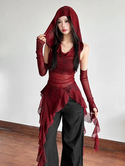 Hooded T Shirts For Women Streetwear See Through Mesh Y2k Tops Sleeve Cover Grunge Clothes Ruffles Ropa Mujer Gothic Camisetas