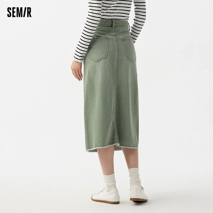 Semir Denim Skirt Women High-waisted Slit 2024 New Spring Straight Skirt