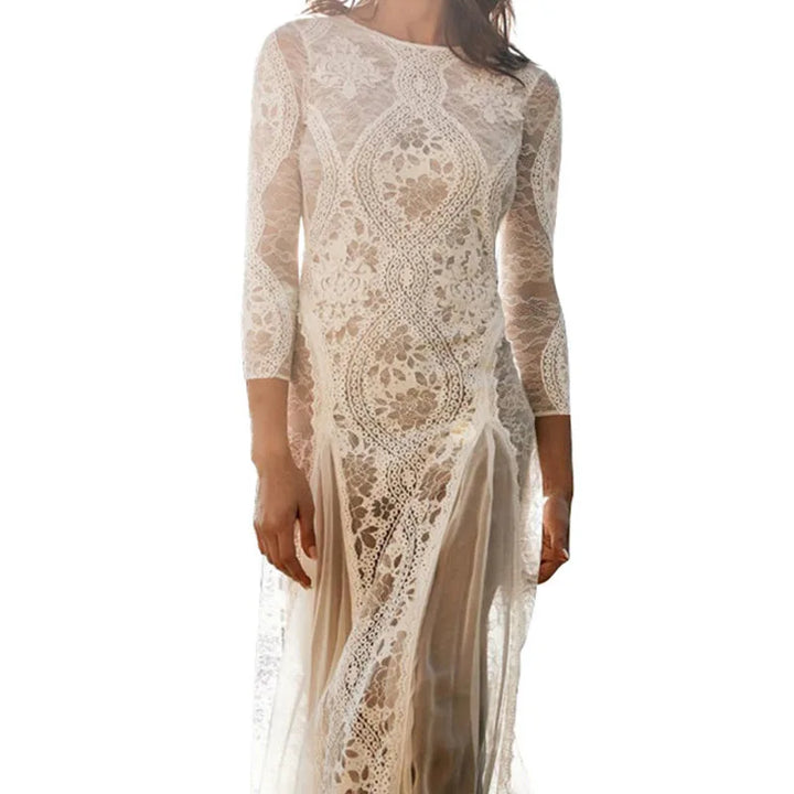 White Lace Maxi Dress Women Long Sleeve Hollow Out Backless Elegant Party Wedding Evening Gown Robe Female Clothing