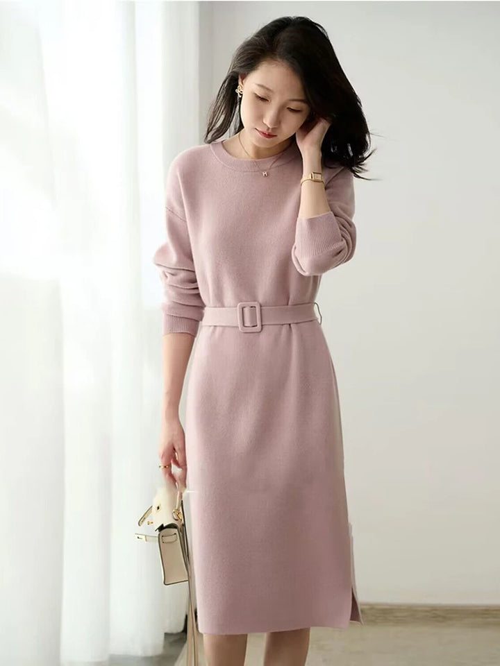 Autumn Winter Knitted Dress 2023 O-Neck Long Sleeve Party Midi Dress for Women Elegant Pink Gray A-line Sweater Dresses Ladies