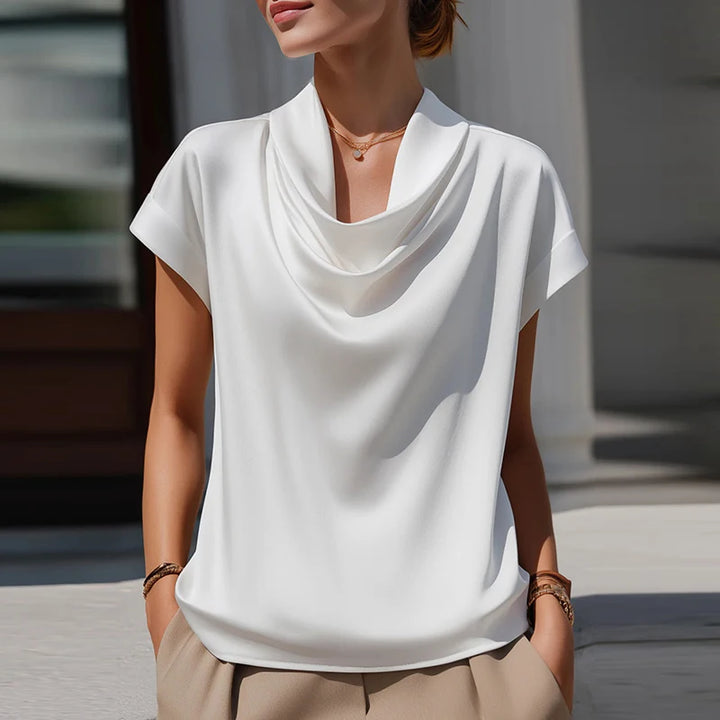Summer Satin Cowl Neck Short Sleeve Blouse Women Fashion Solid Color Silk Shirts For Women Summer Loose Tee Office Lady Tops