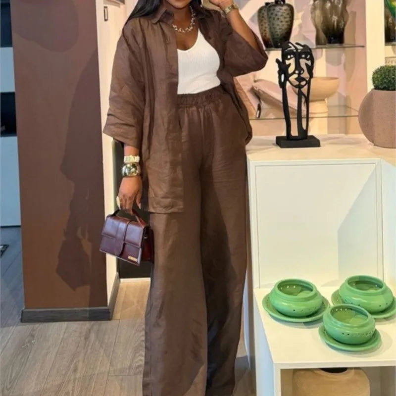 Cotton Linen Pants Sets Women Spring Summer Loose Long Sleeve Shirt + Trousers Two Piece Outfit Casual Office Brown Ladies Suit