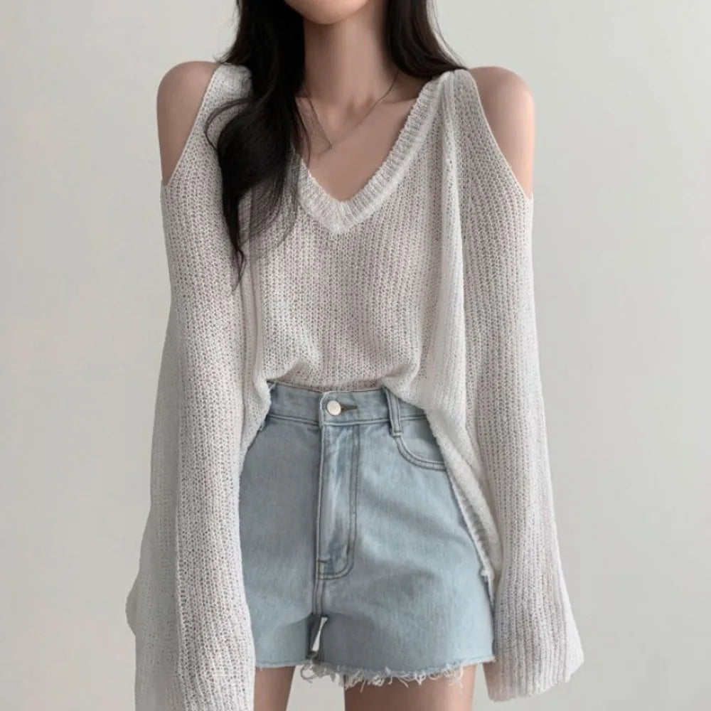 Fashion Hollow Out Knit Long T-shirt Pullover V-neck Crochet Knitwear Long Sleeve Chic Knitted Loose Top Women
