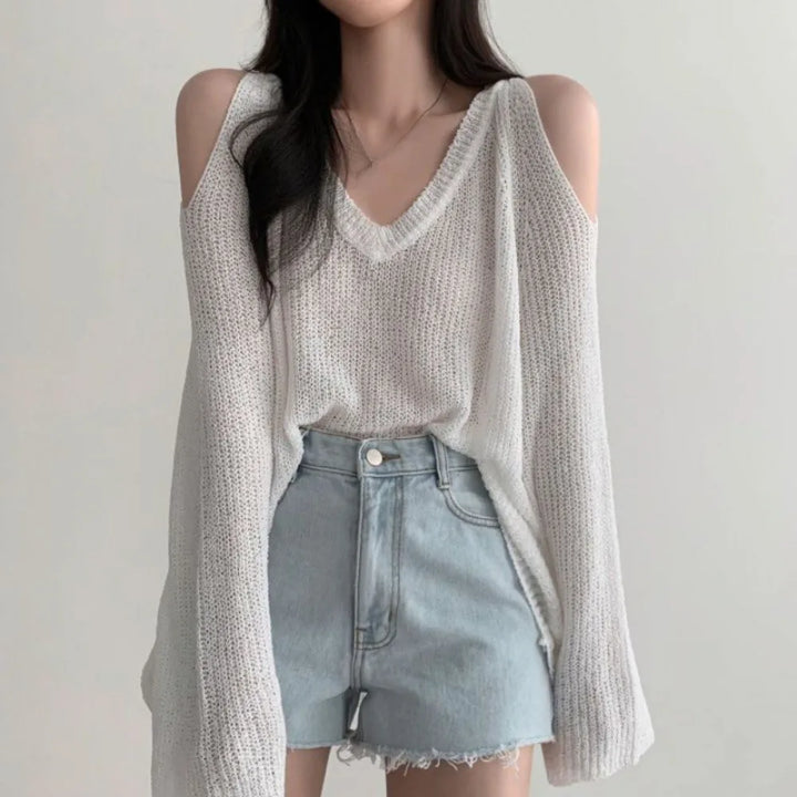 Fashion Hollow Out Knit Long T-shirt Pullover V-neck Crochet Knitwear Long Sleeve Chic Knitted Loose Top Women