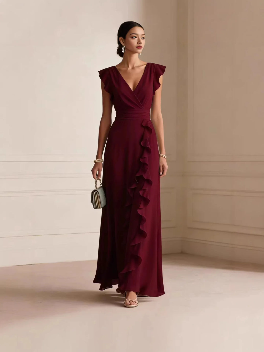 Women V Neck Ruffle Maxi Dress Sleeveless Chiffon Long Dress Wedding Guest Evening Party Formal Dress